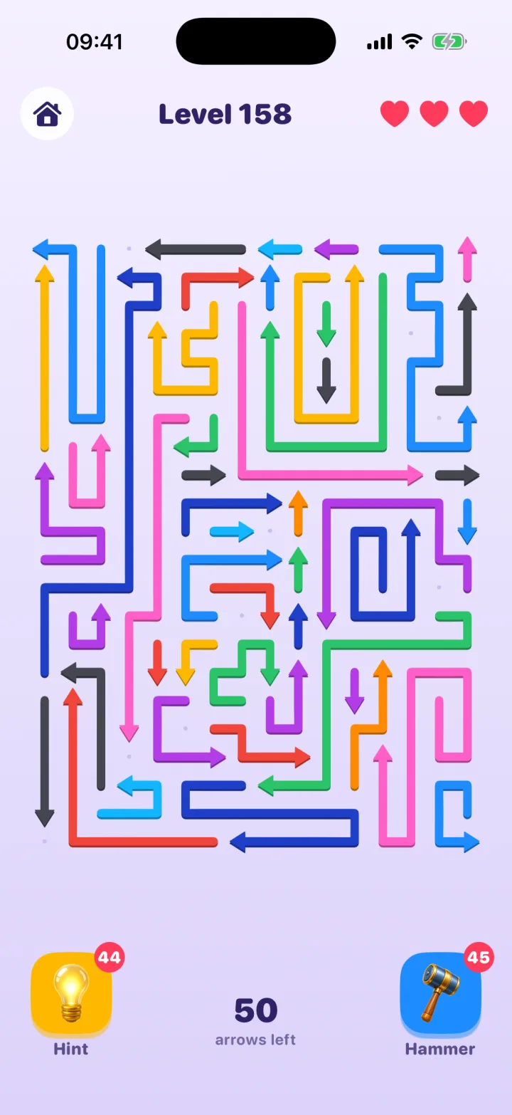 Level 158: a board packed with colorful arrows, 50 arrows left